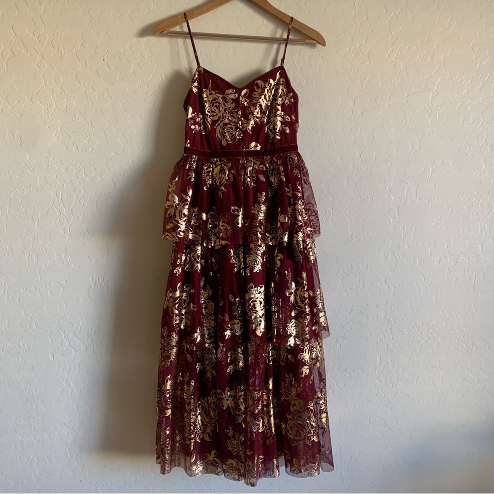 NEW Jewel Badgley Mischka Metallic Floral Tiered Tulle Cocktail Dress in Wine - Picture 3 of 10